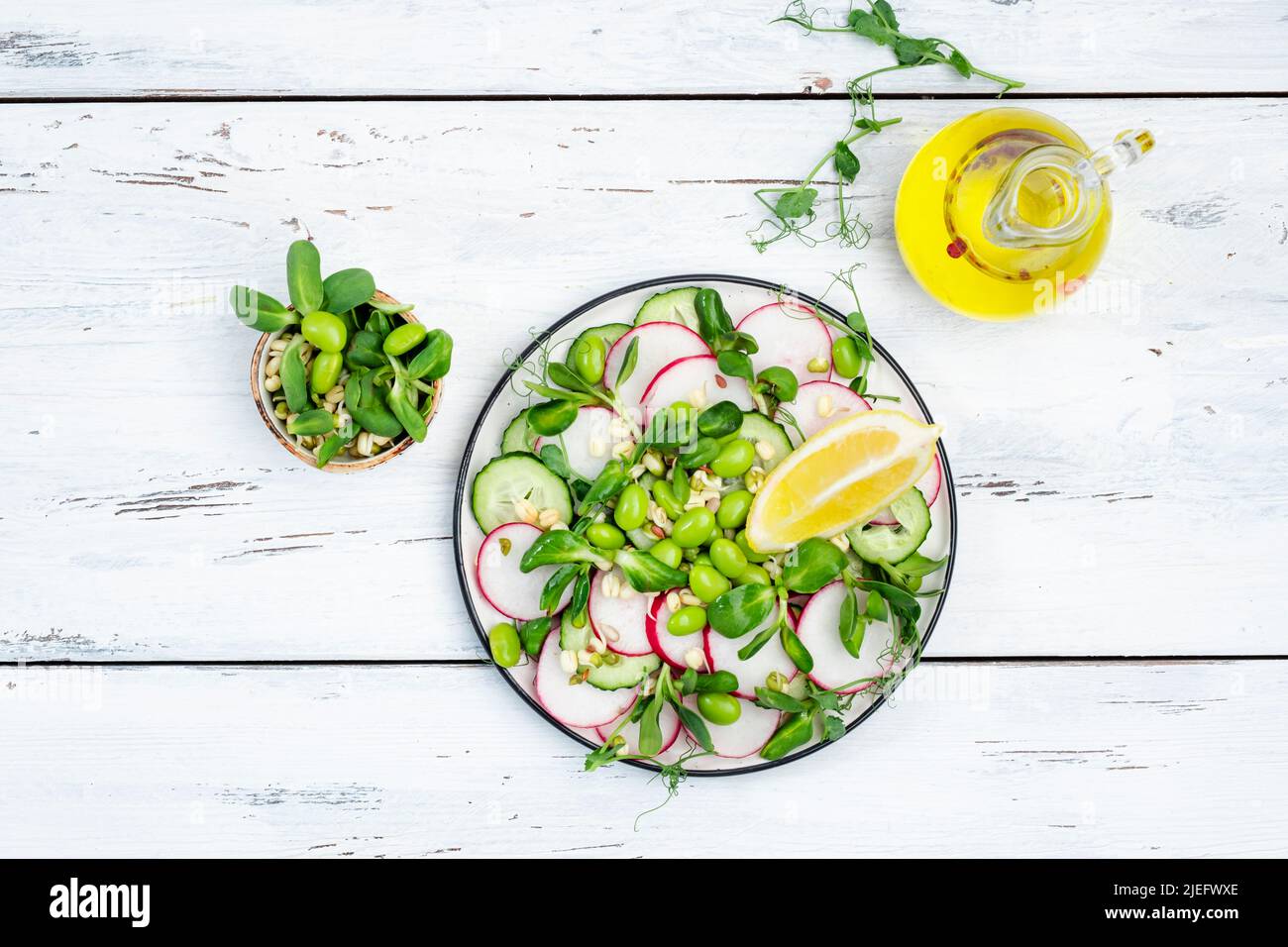 Fresh vegan salad with radish, cucumber, green pea, sunflower and soy sprouts, edamame and flax