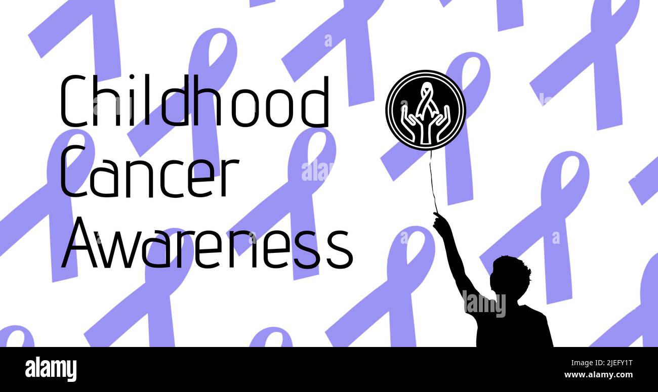 Illustration of boy holding balloon and blue awareness ribbons with childhood cancer awareness month Stock Photo