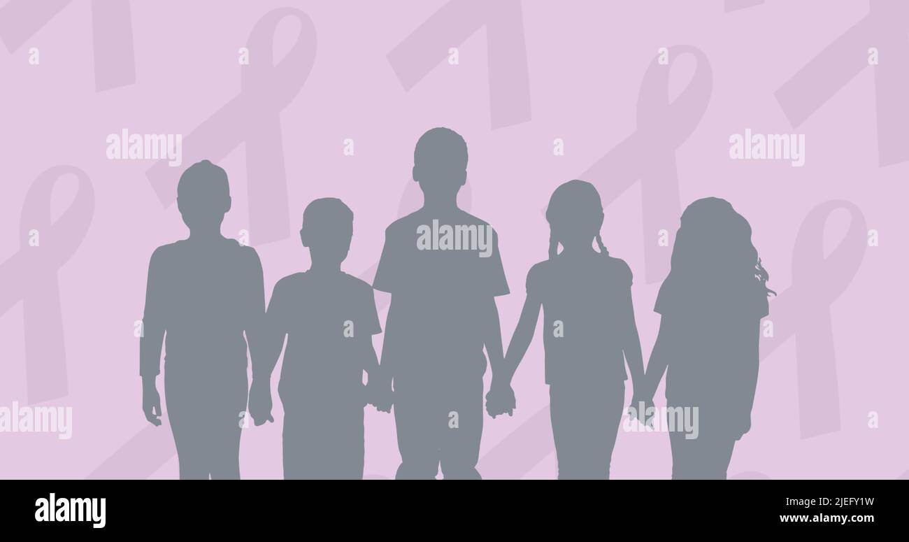 Illustration of children holding hands and awareness ribbons on purple background, copy space Stock Photo