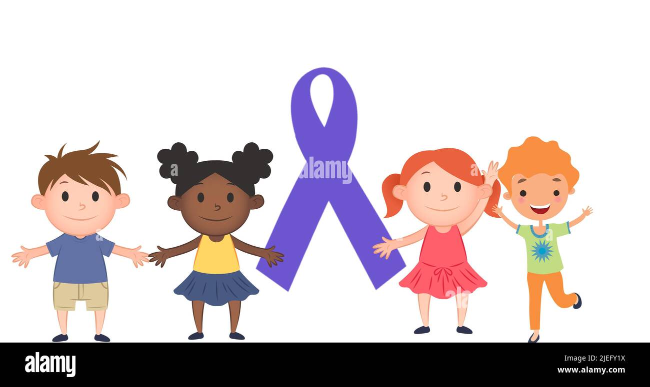 Illustrative image of cute children with blue awareness ribbon on white background, copy space Stock Photo