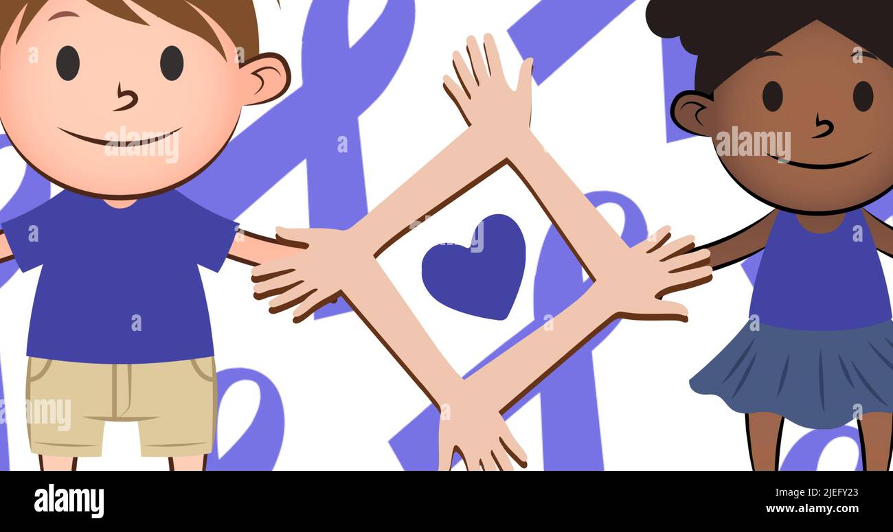 Illustration of boy and girl with hands in square shape and heart with blue awareness ribbons Stock Photo