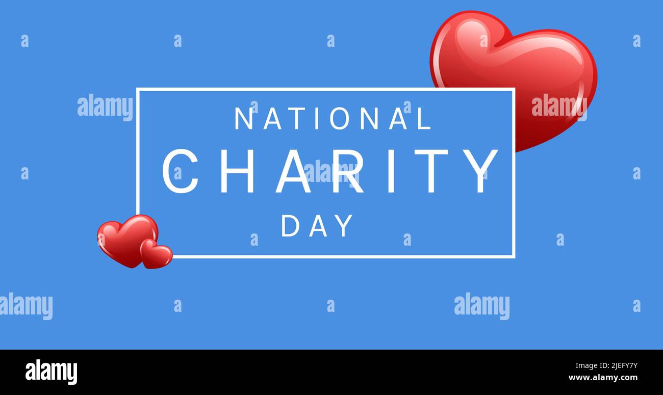 Illustration of national charity day text with red heart shapes against