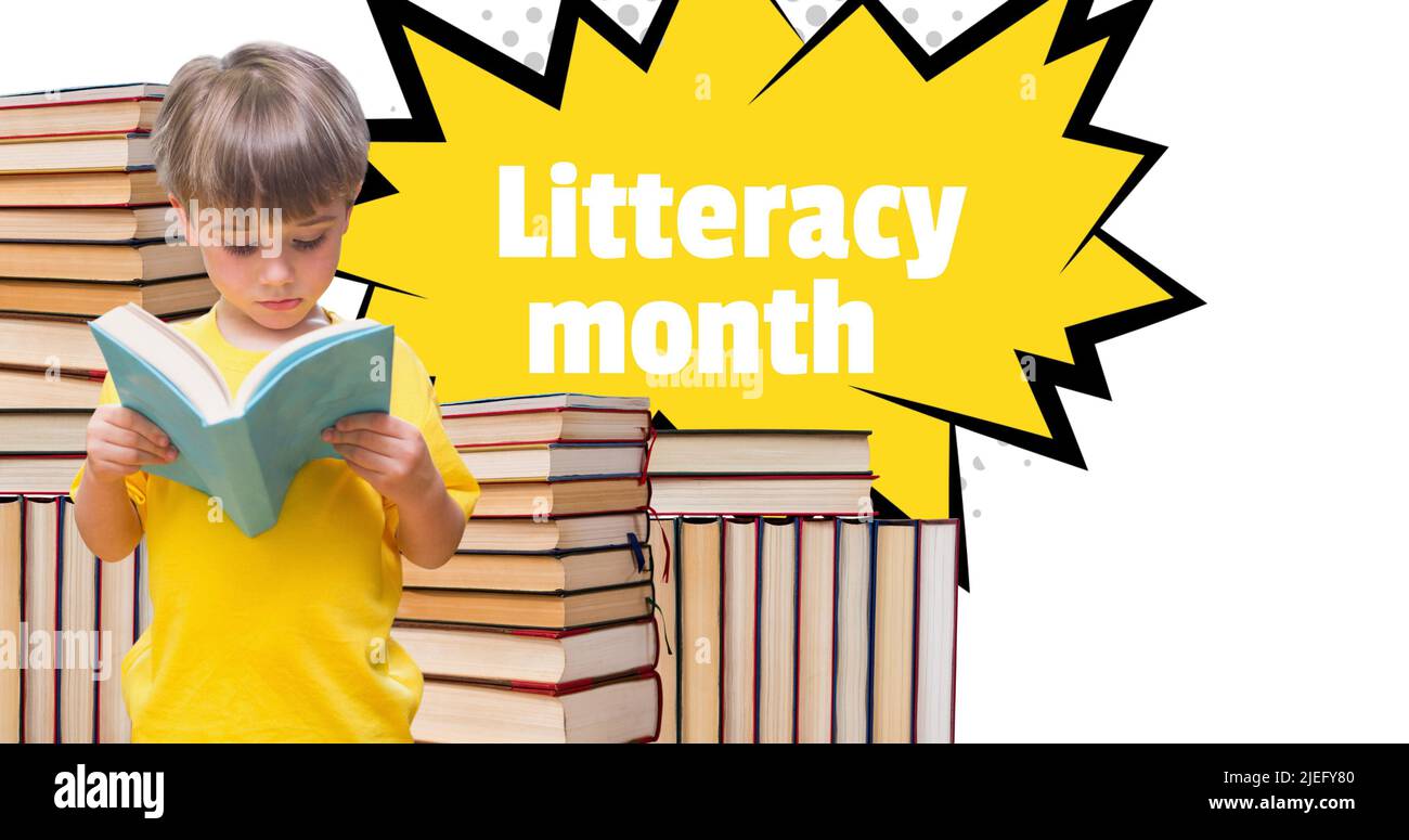 Composite of cute caucasian boy reading book and literacy month text