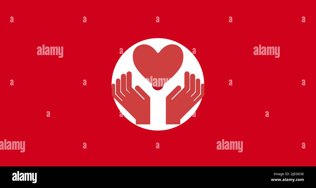 Illustration of red hands with heart shape in white circle over red