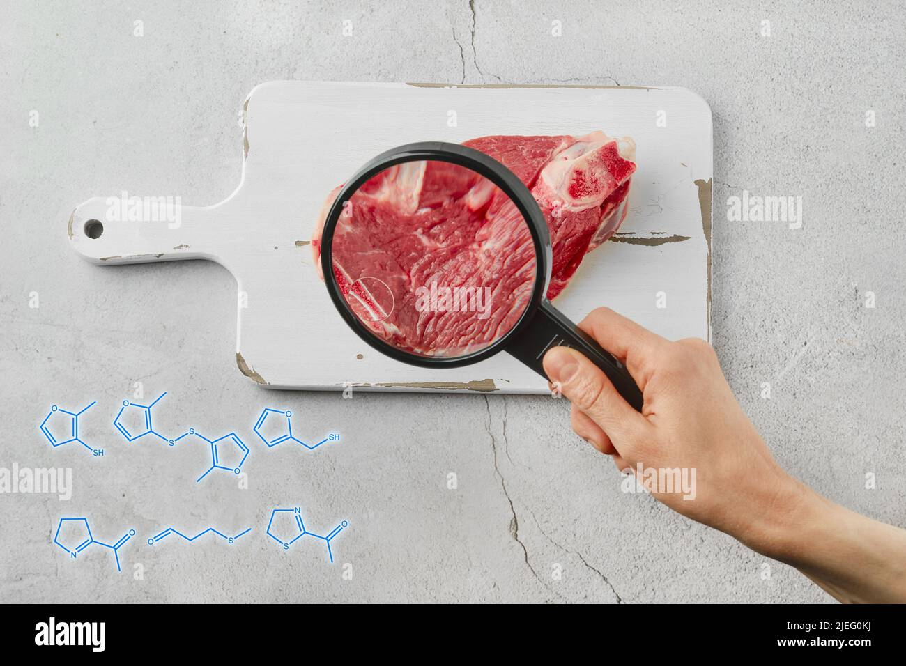 Cultivated meat concept, top view. Growing meat in test tube in laboratory. Stock Photo