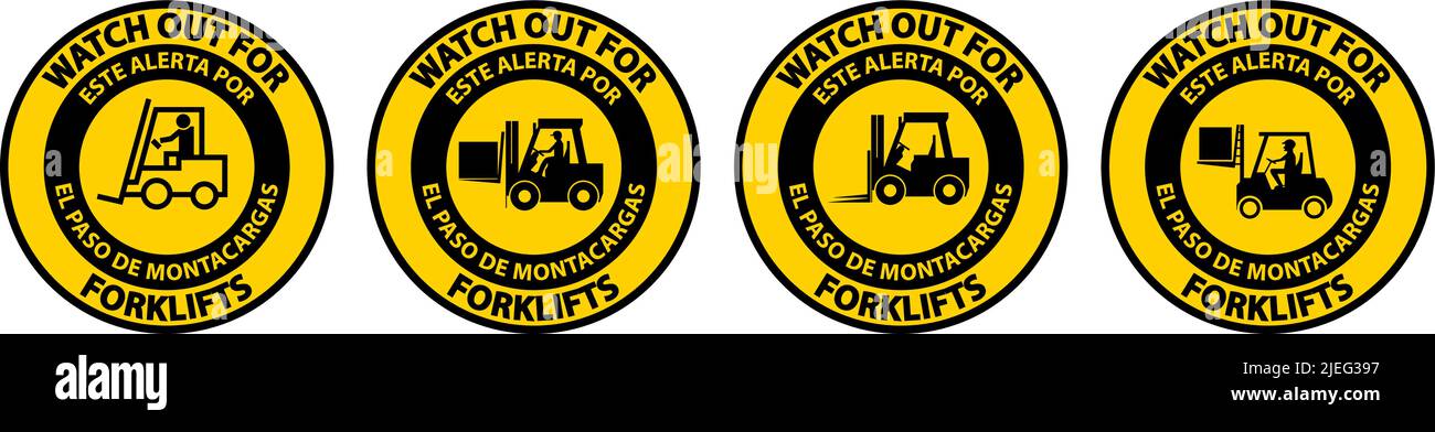 Bilingual Watch Out For Forklift Floor Sign On White Background Stock ...
