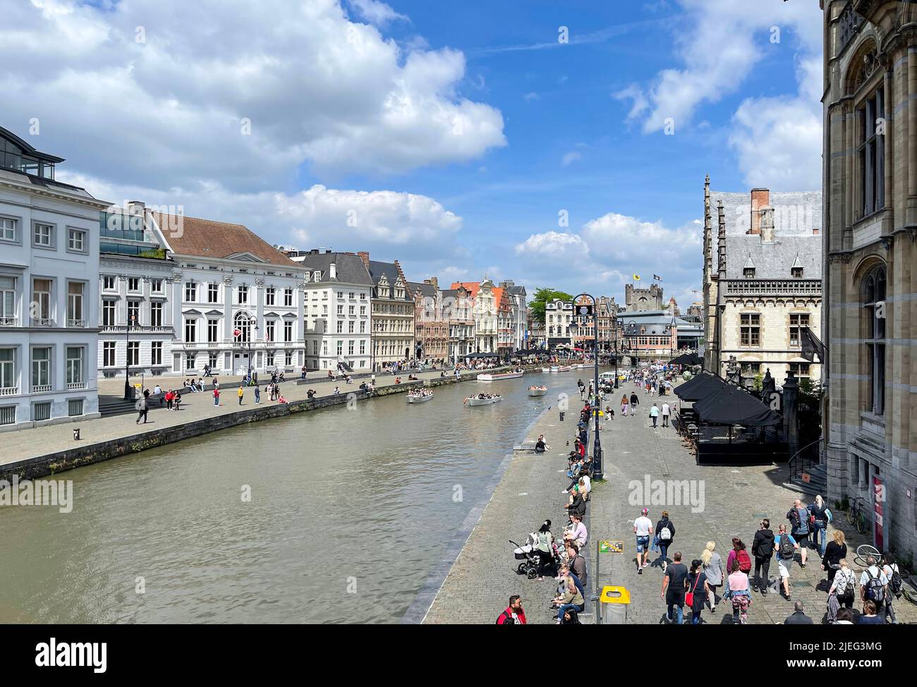 View of Korenlei embankment with beautiful old buildings, in Ghent city, Belgium Stock Photo