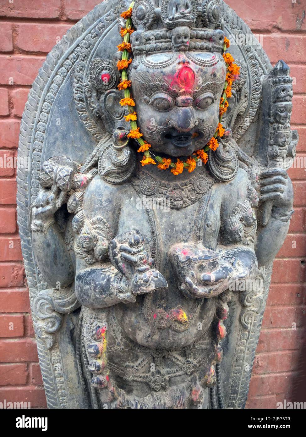 Sculpture of a tantric deity, a hindu shrine statue in Bhaktapur, Durbar Square, Nepal, Asia. Stock Photo