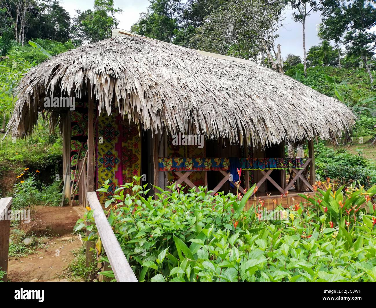 Traditional wooden hut with reed roof at the island of Colon, in Bocas del Toro archipelago, Panama, Central America. Stock Photo