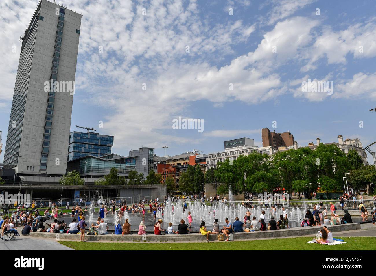 File photo dated 25/07/19 of people in the fountains in Piccadilly Gardens in central Manchester, as levelling up the UK's cities will require investment that goes 'far beyond anything currently being contemplated' by the Government, a think tank has said. Stock Photo