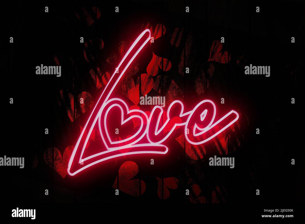 Love Neon Sign on a Dark red heart decorated Wooden Wall 3D illustration. Stock Photo