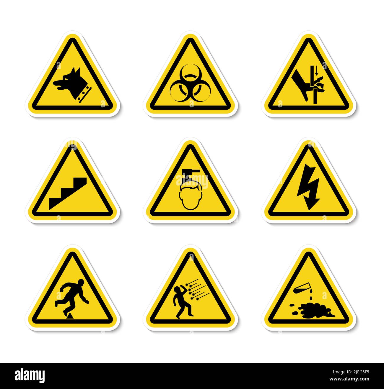 Triangular Warning Hazard Symbols labels On White Background Stock Vector