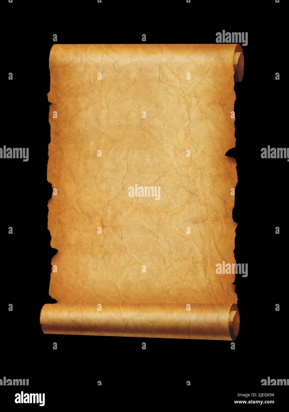 Old mediaeval paper sheet. Parchment scroll isolated on black background Stock Photo