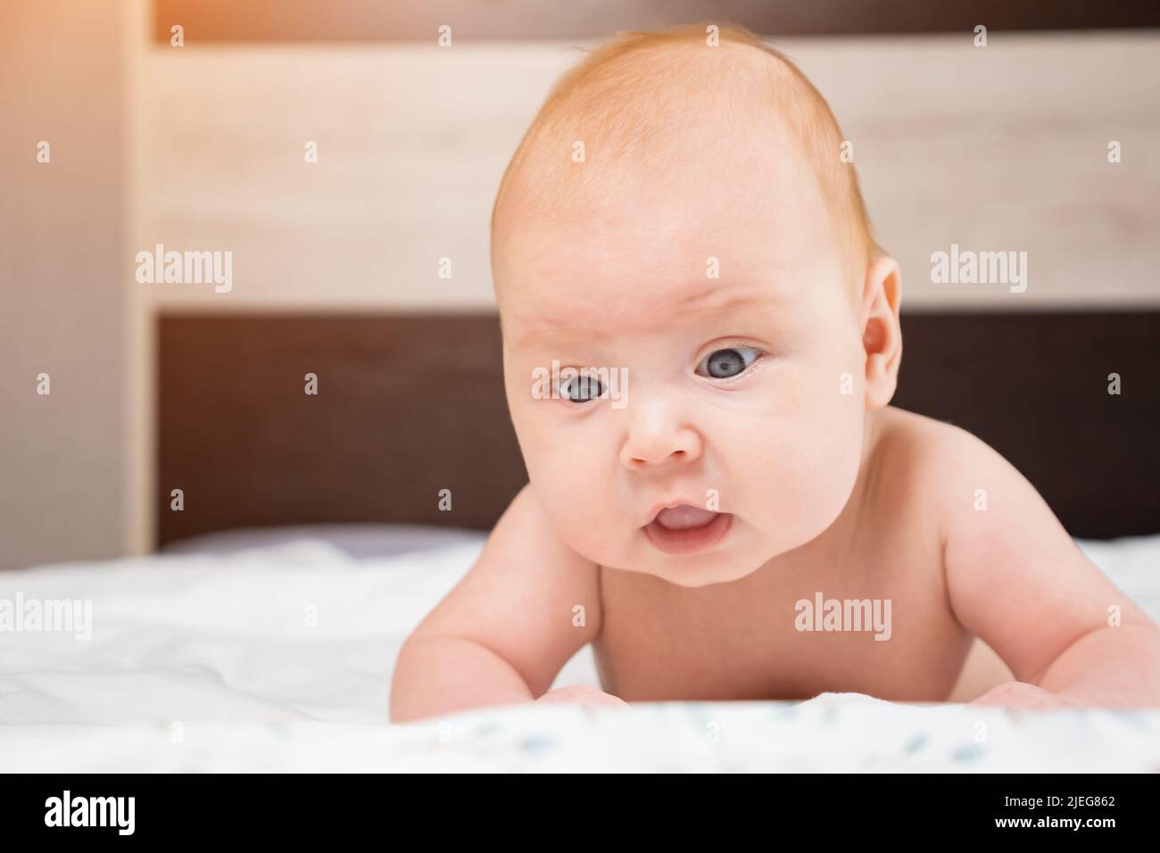Cute baby girl raises up head lying on bed Stock Photo Alamy