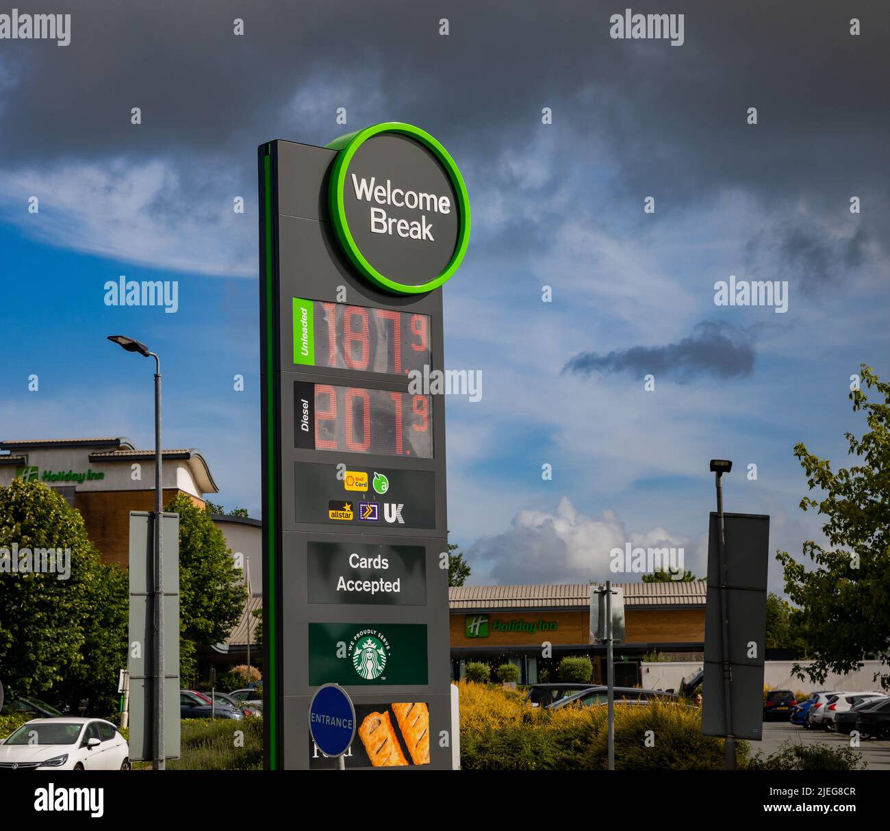 Welcome Break petrol station price sign Stock Photo