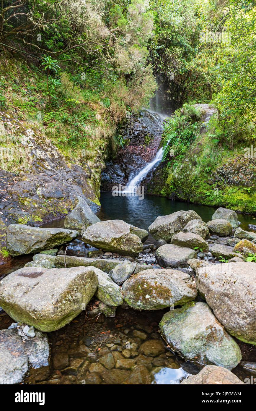 Beautiful scene of waterfall with pool bellow near Ribeiro Frio in Maidera Stock Photo