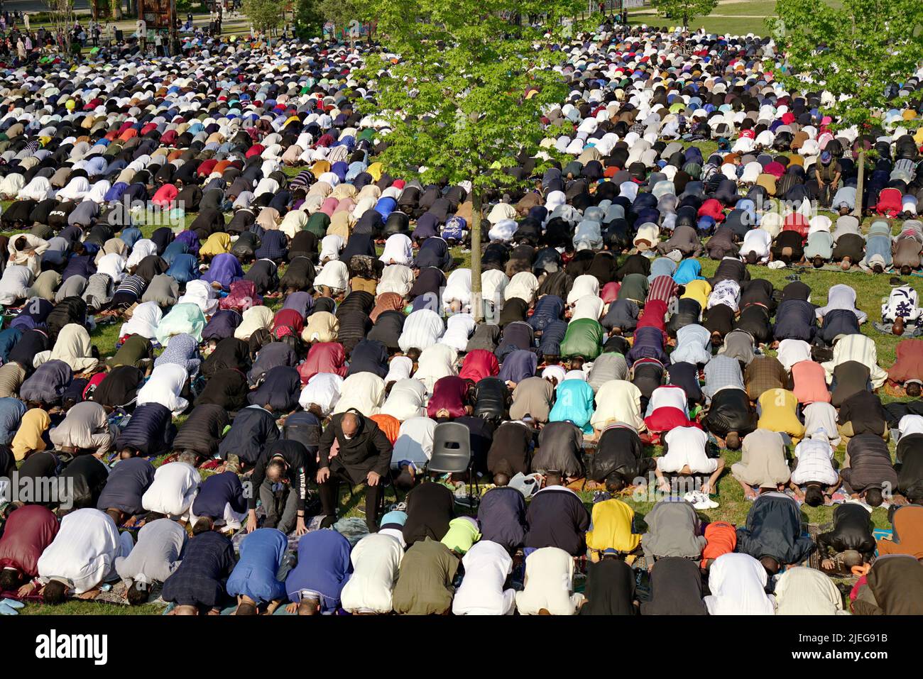 Muslims praying to celebrate the end of Ramadan. Turin, Italy - May 2022 Stock Photo