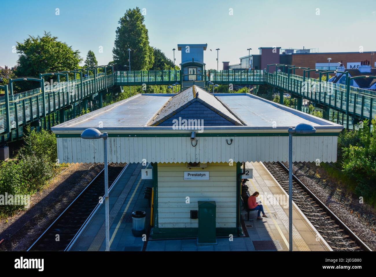 Prestatyn, UK. Jun 22, 2022. Prestatyn railway station on a sunny, early summertime day Stock Photo