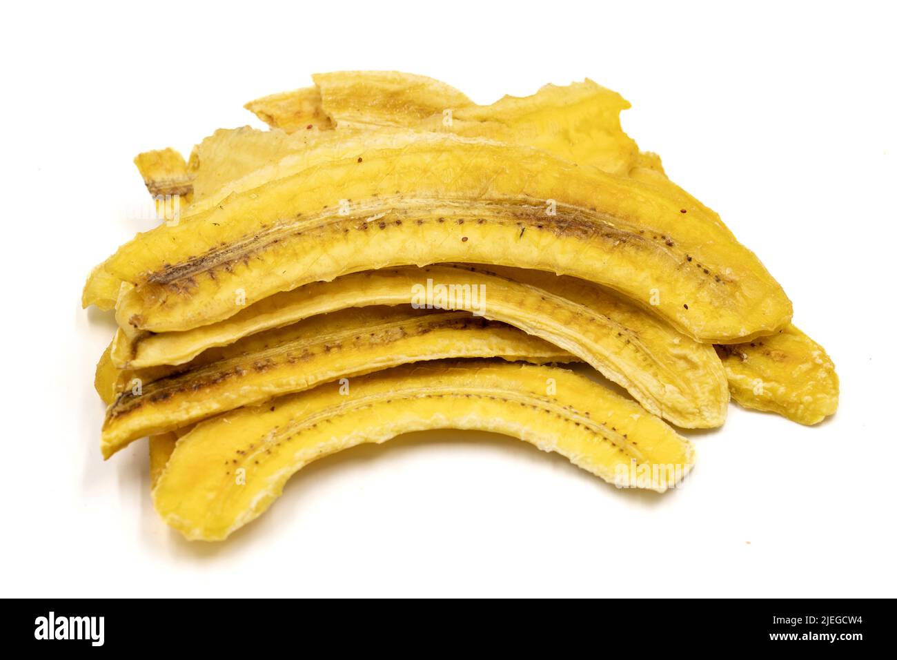 Dried banana slices. Sliced dried banana isolated on white background