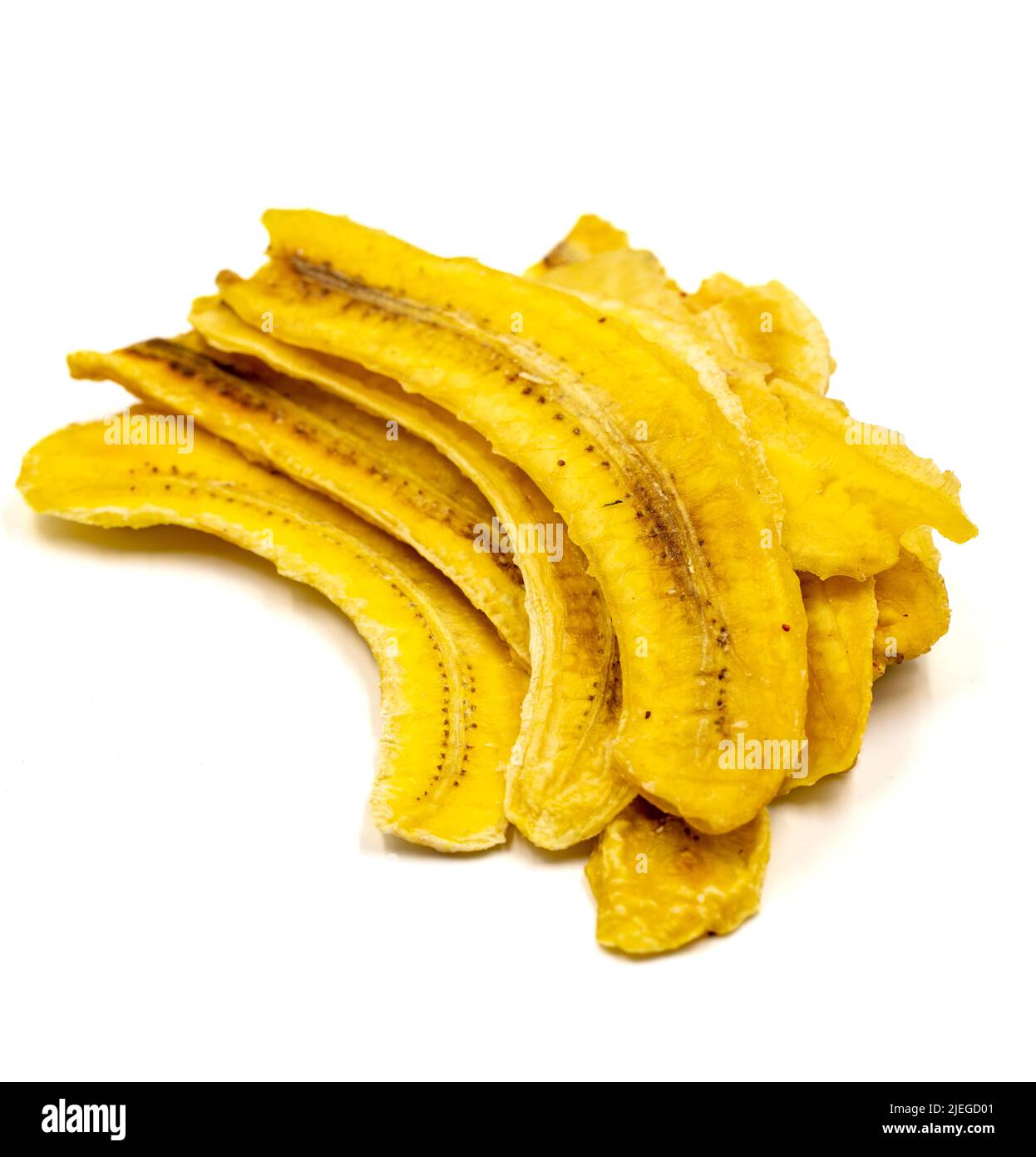Dried banana slices. Sliced dried banana isolated on white background