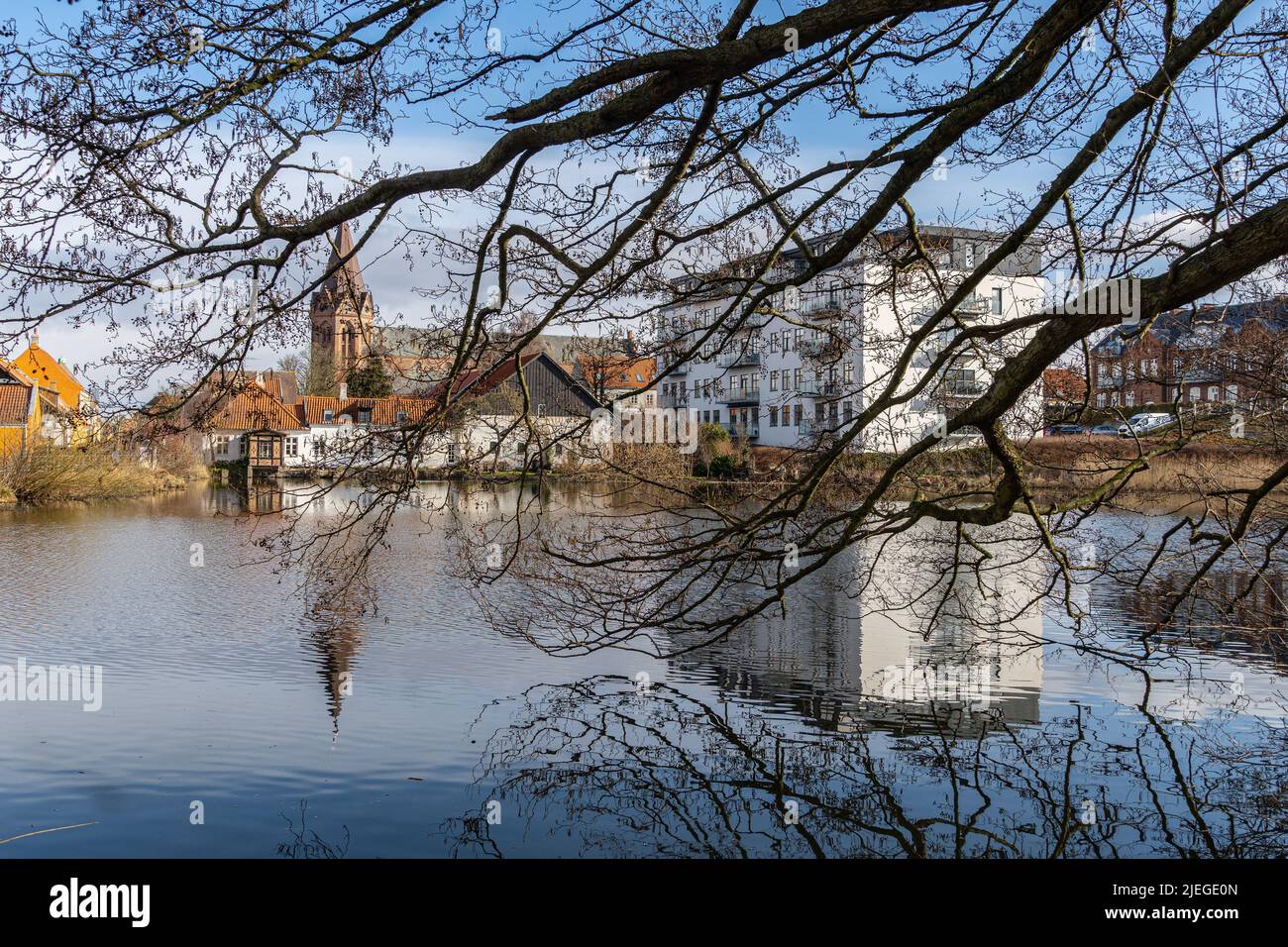 Panorama of the city of Assens with the main church reflected in the lake of the Sukkerengen park. Assens, Denmark, Europe Stock Photo