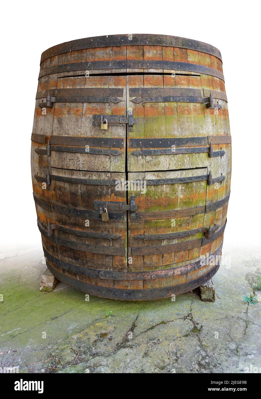 Weathered historic barrel cabinet gradient isolated in white back Stock Photo