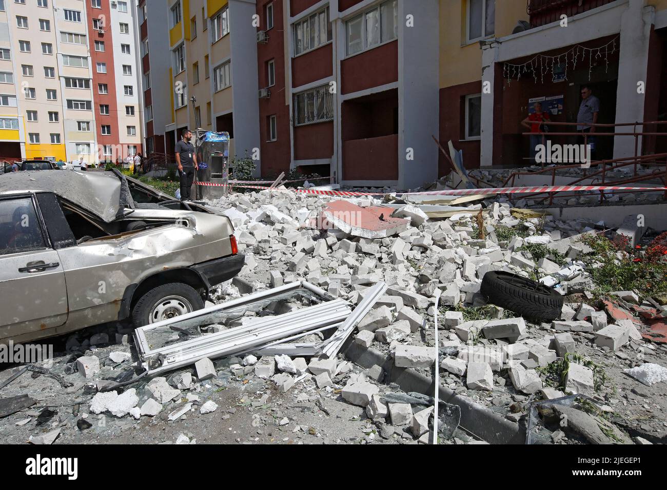 The consequences of the shelling of a northern neighbourhood by Russian troops with a BM-30 Smerch multiple rocket launcher are seen in the yard of an apartment block, Kharkiv, northeastern Ukraine, June 26, 2022. Photo by Vyacheslav Madiyevskyy/Ukrinform/ABACAPRESS.COM Stock Photo