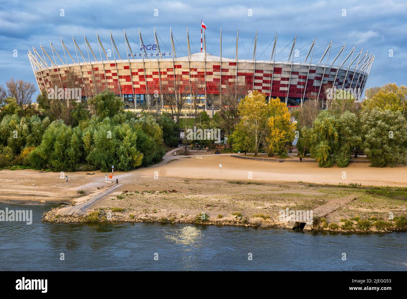 Warsaw, Poland - October 16, 2021: National Stadium (Polish: Stadion Narodowy, PGE Narodowy), football stadium in the capital city and beach at the Vi Stock Photo