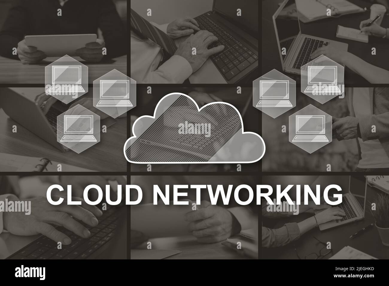 Cloud networking concept illustrated by pictures on background Stock