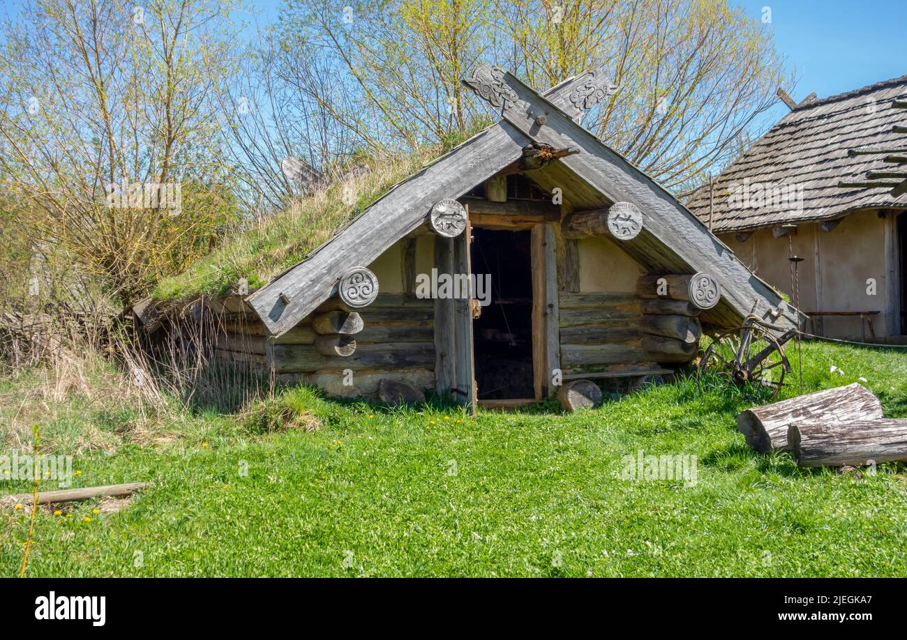 Medieval viking housing scenery in sunny ambiance at early spring time Stock Photo