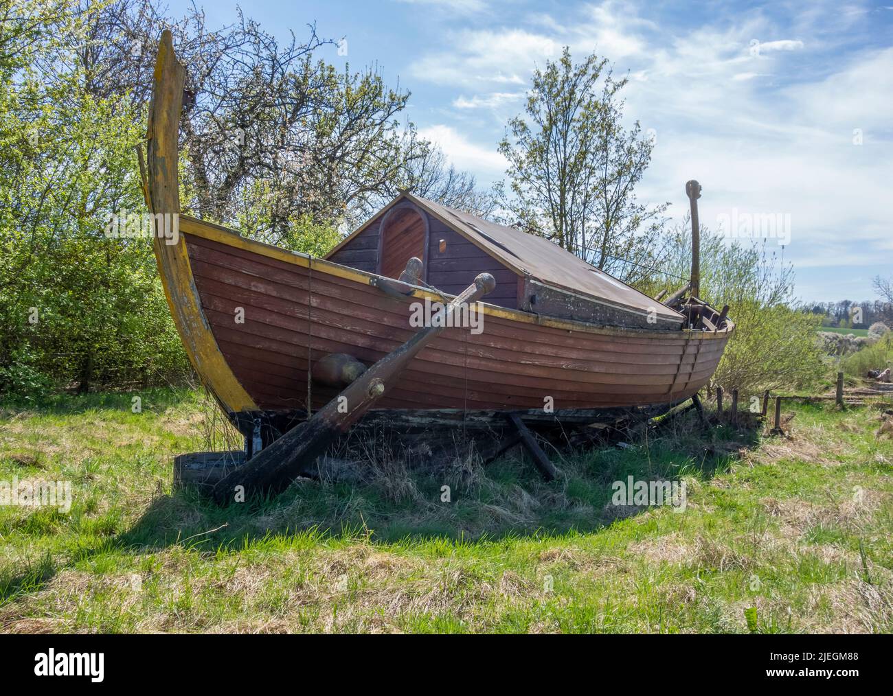 Medieval viking longboat in sunny ambiance at early spring time Stock Photo