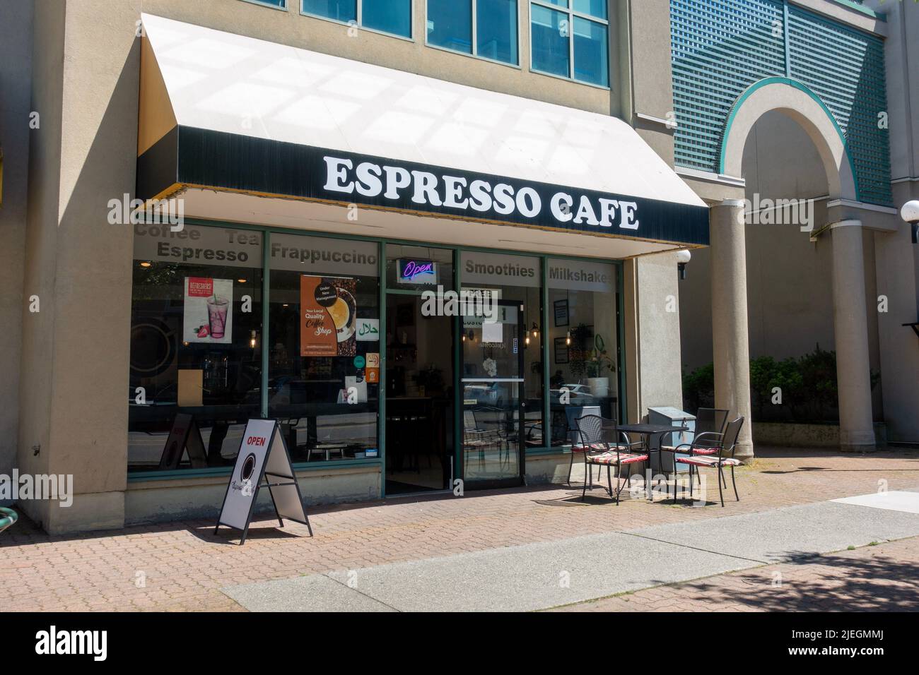 The coffee shop Espresso Cafe is located in Surrey, BC Canada Stock