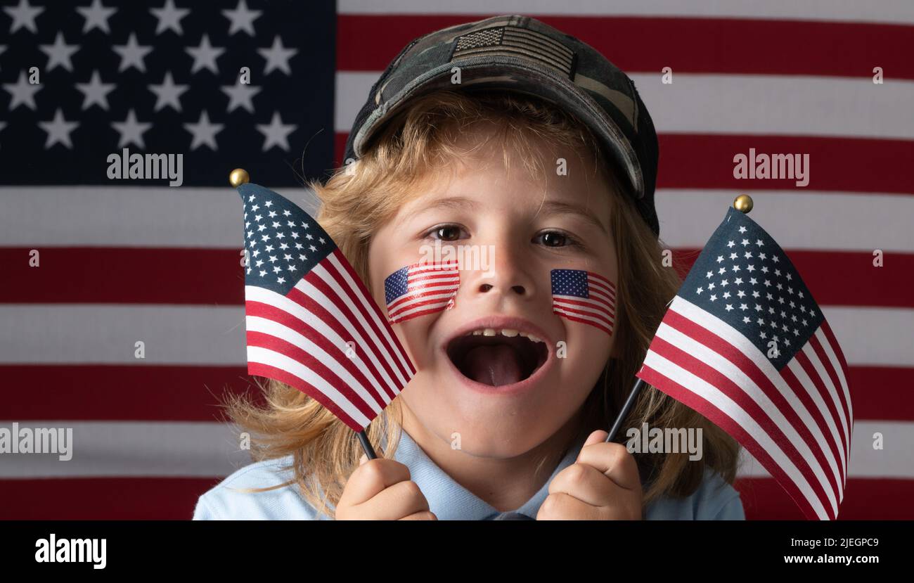 Kid celebration independence day 4th of july. United States of America concept. Child with american flag. Memorial day. Funny kids face with american Stock Photo - Alamy Kid celebration independence day 4th of july. United States of America concept. Child with american flag. Memorial day. Funny kids face with american Stock Photo - Alamy