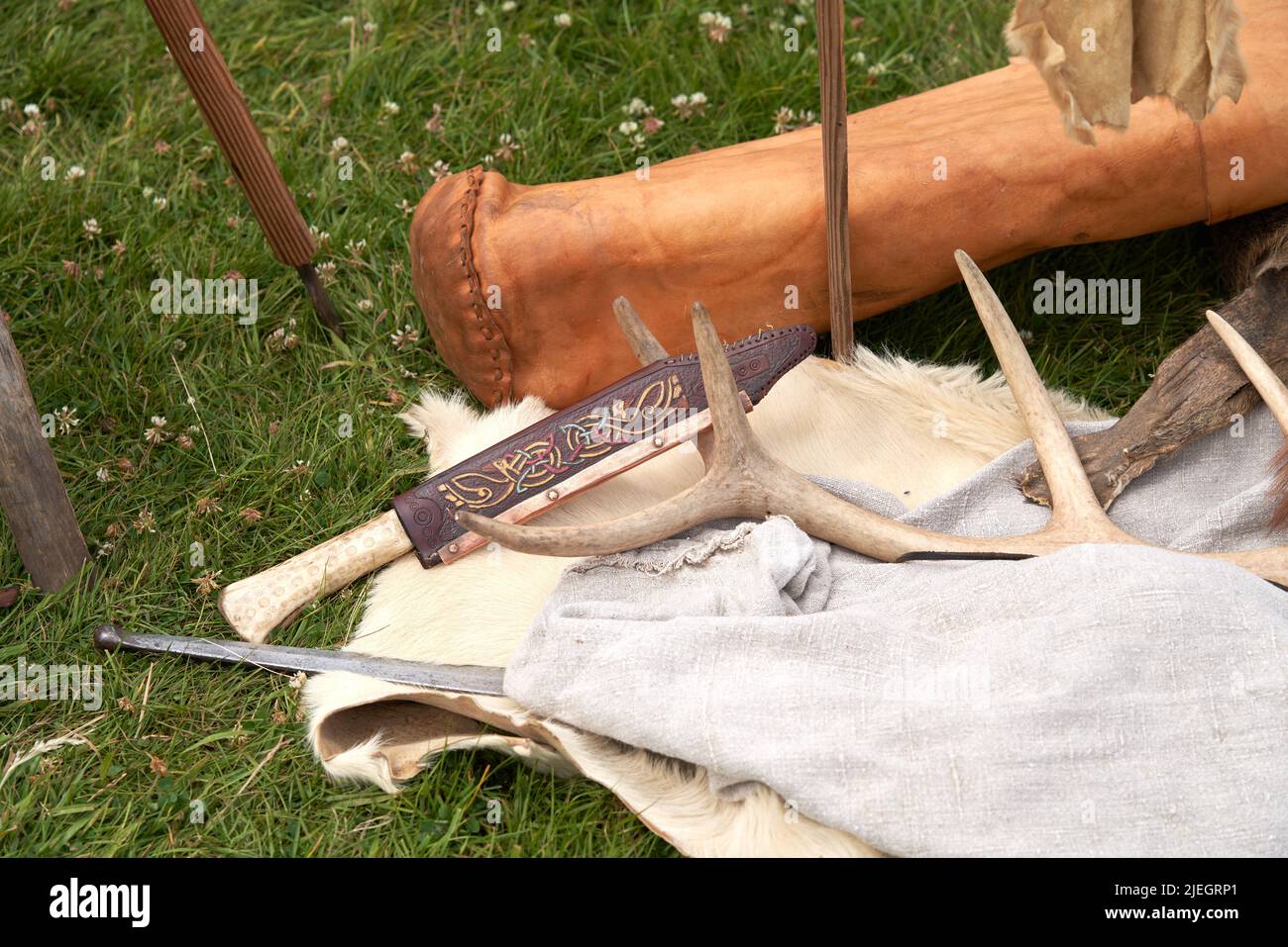 Replica Anglo Saxon hunting tools and equipment Stock Photo Alamy