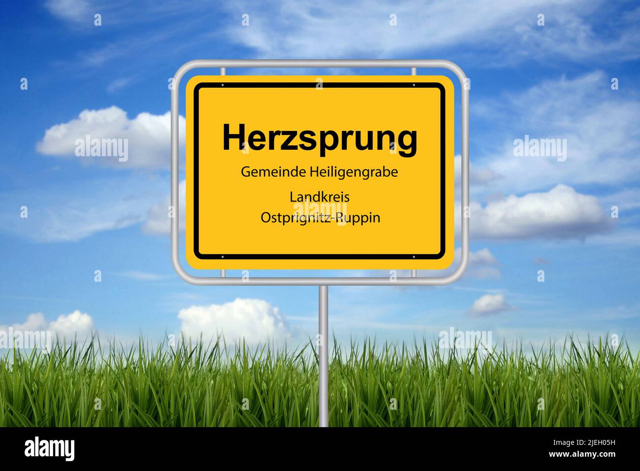 Herzsprung, Gemeinde Heiligengraben, Landkreis Ostprignitz-Ruppin, Lustige Ortsschilder, Lustige Orte, Ort, Stadt, Dorf, Gemeinde, Kreis, Ein blauer H Stock Photo