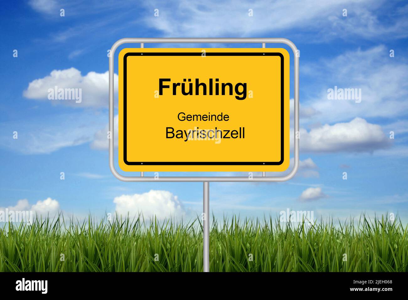 Frühling, Gemeinde Bayrischzell, Lustige Ortsschilder, Lustige Orte, Ort, Stadt, Dorf, Gemeinde, Kreis, Ein blauer Himmel im Frühling, Wolken, Cumulus Stock Photo