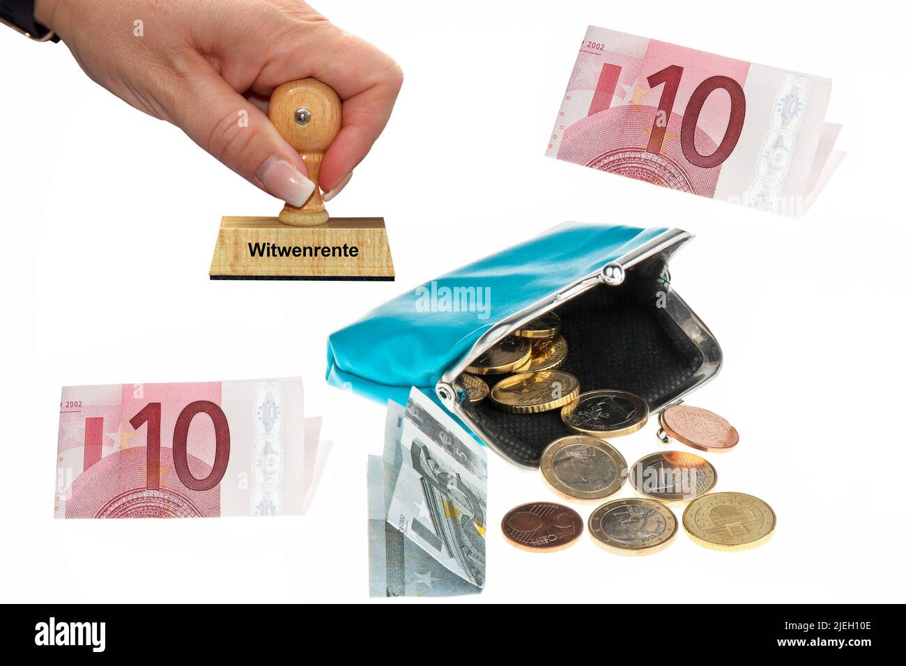 Witwenrente, Eine Geldbörse mit Euro-Geldscheinen und Münzen, Stempel, Frauenhand, Holzstempel, Stock Photo