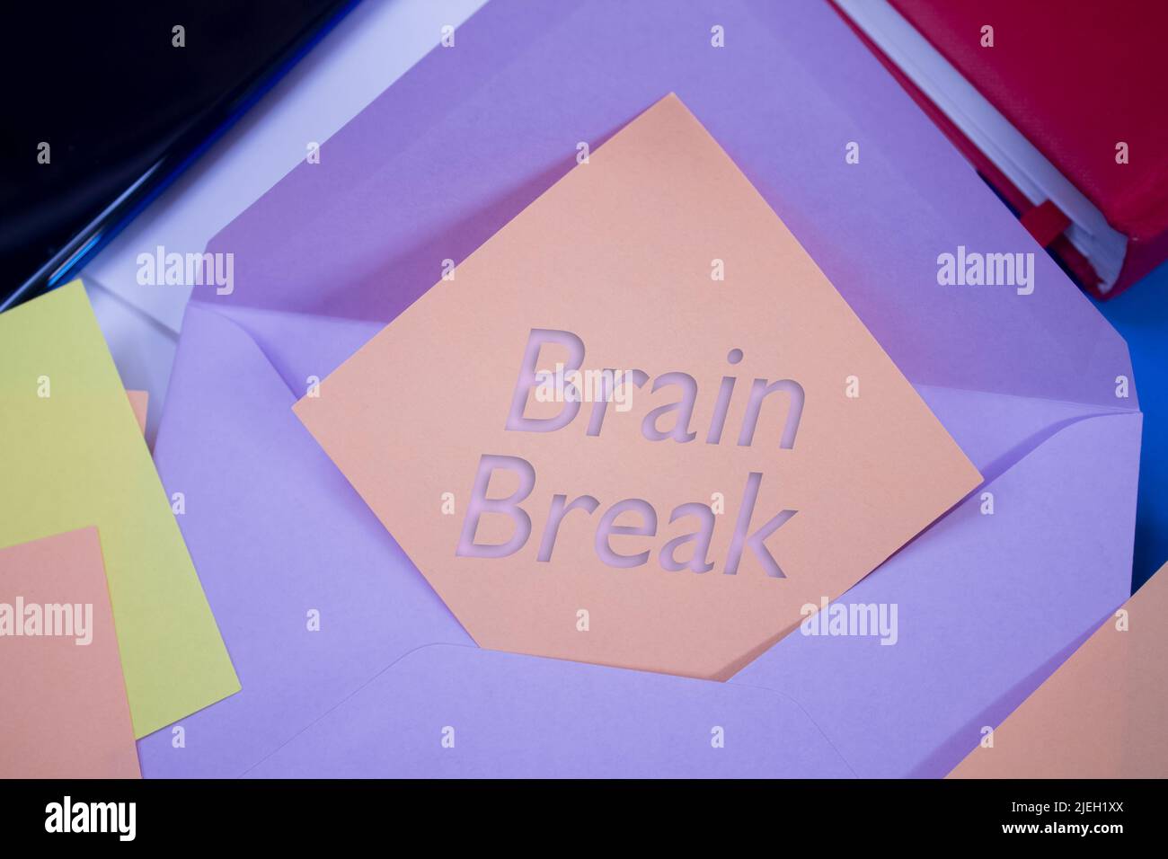 Brain Break. Text on adhesive note paper. Event, celebration reminder message. Stock Photo