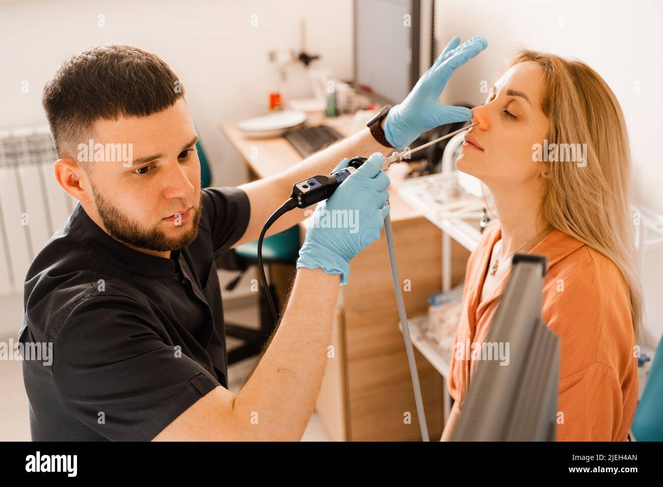Nose endoscopy. Rhinoscopy procedure with rhinoscope. ENT doctor