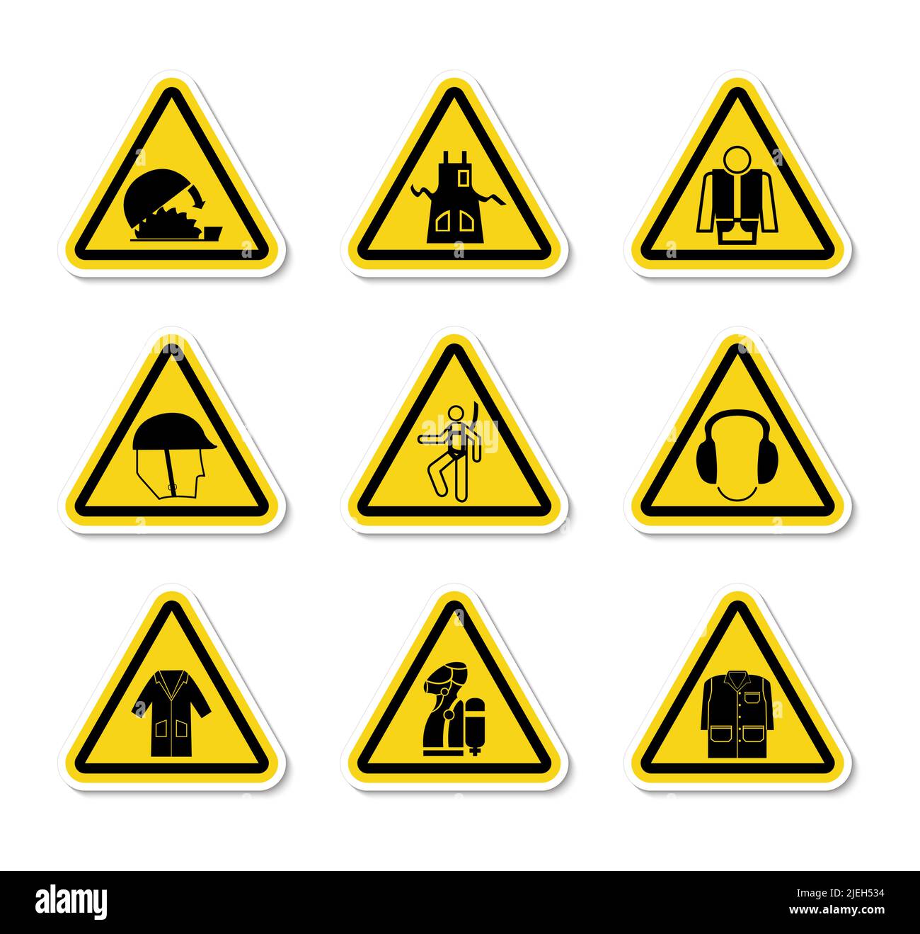 Triangular Warning Hazard Symbols labels On White Background Stock
