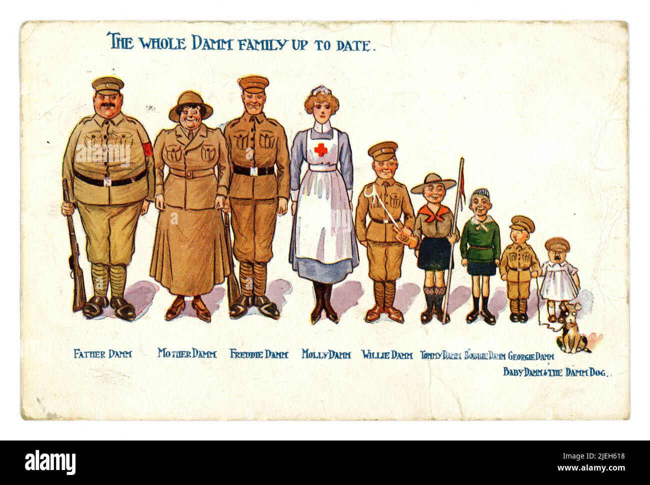 Original illustrated comic cartoon postcard The Whole Damm Family Up to Date. Illustrates how the whole family (and large) were doing their bit for the war effort - the men are soldiers, the older girl is a red cross nurse and the mother is in the Women's Army Auxiliary Corps (WAAC), one teenage boy is possibly in the boy's brigade, the kids are scouts and the youngsters are dressed as soldiers. The baby is wailing...there is also a family dog. The Regent Publishing Co. London, dated/ posted June 1918. Stock Photo