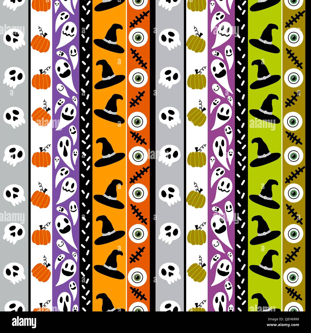 Cartoon seamless Halloween wrapping paper pattern with sculls and ghost ...