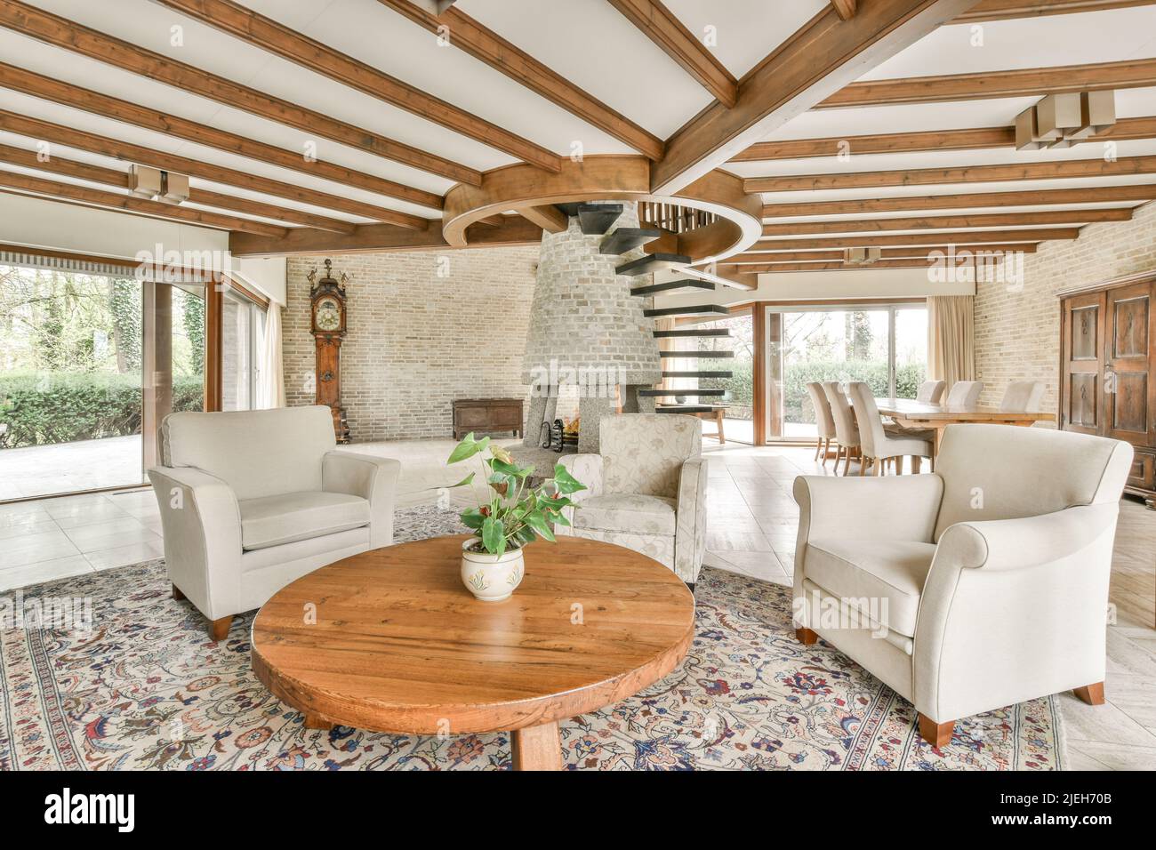 Stylish luxury home interior design of cozy living room with burning ...
