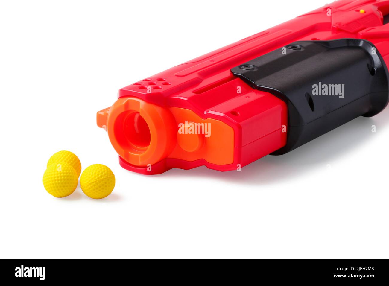 Barrel of children's plastic toy gun with rubber balls for shooting
