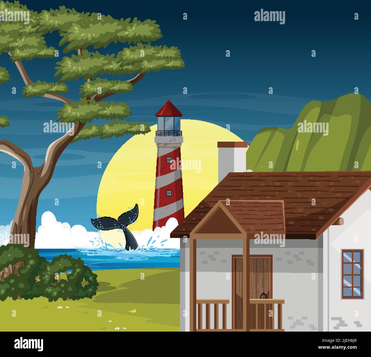Night view of lighthouse at the coast illustration Stock Vector Image ...