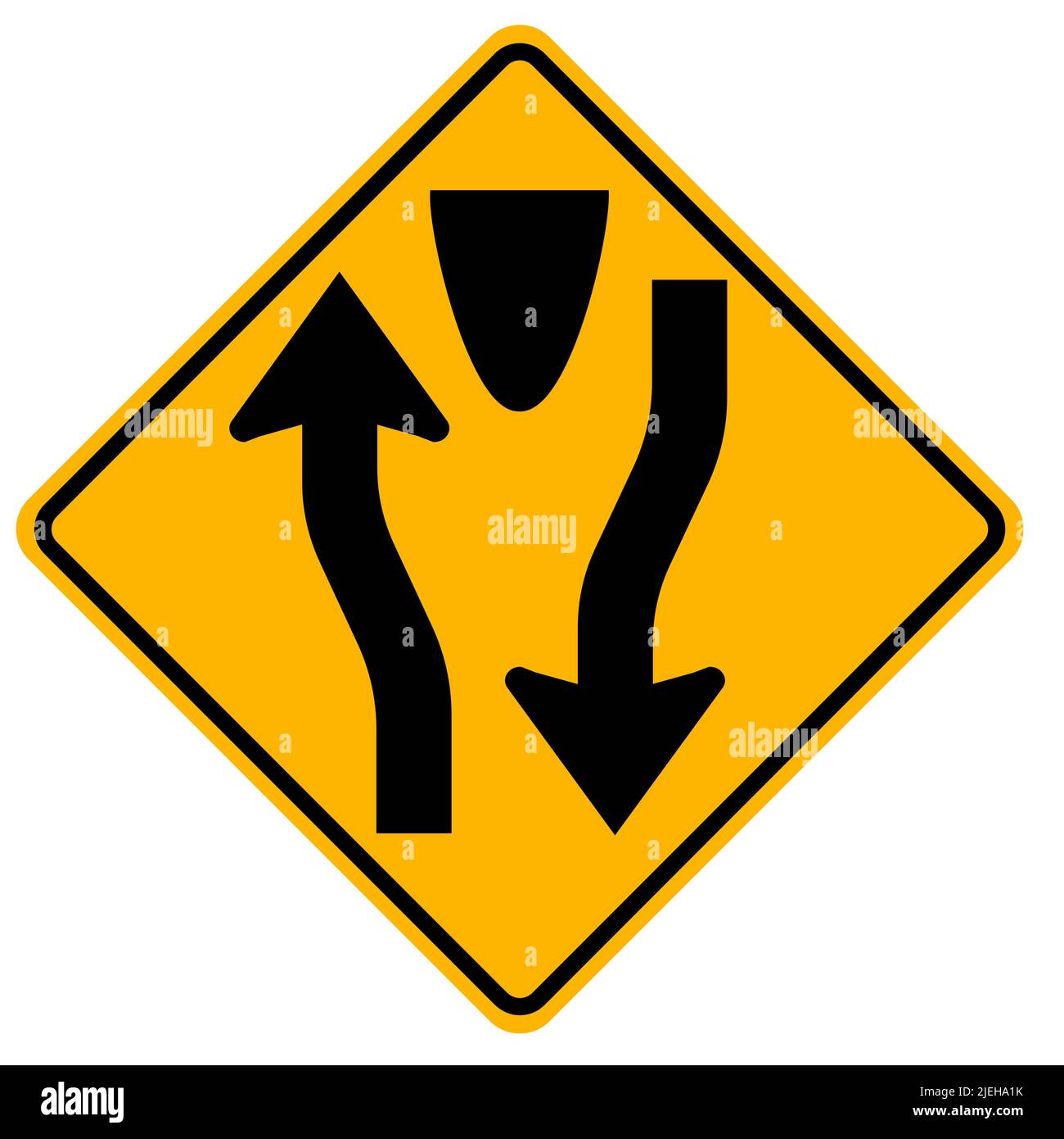 Warning signs Divided road begins on white background Stock Vector