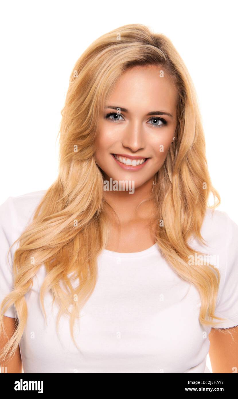 Junge nette Frau. Fröhlich lächelnd. Porträt, 25, 30, Jahre,  schöne Zähne, blond,blonde, Blondine, Stock Photo