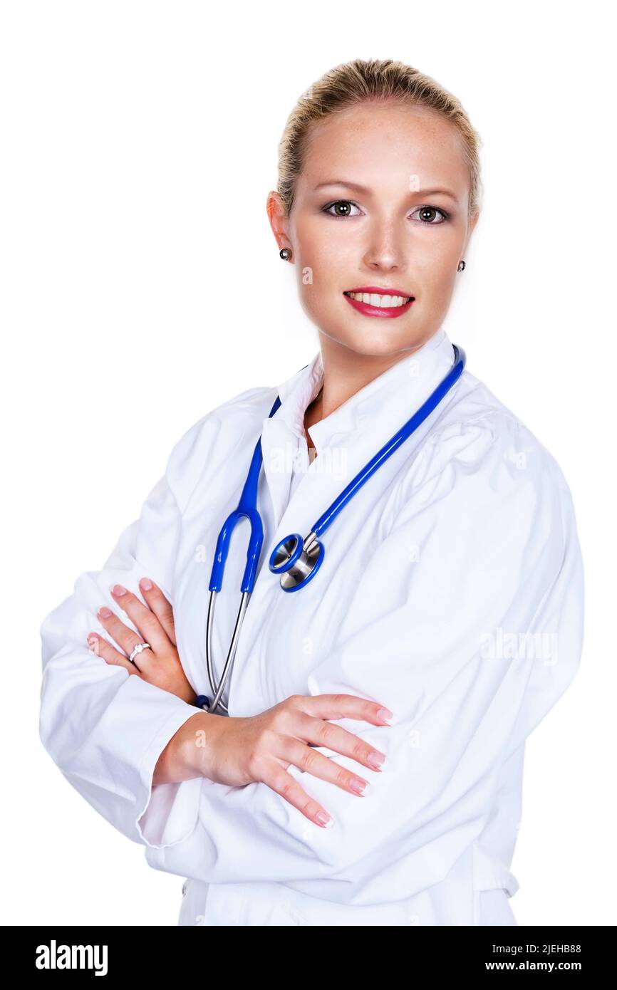 Eine junge blonde Ärztin mit Stethoskop in ihrer Arztpraxis.Frai, 30, 35, Jahre, Arztkittel, Sommersprossen, Stock Photo