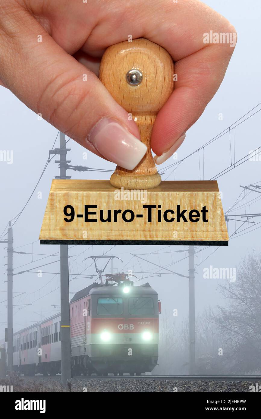Eine Lokomotive mit einem Personenzug im Nebel, 9-Euro-Ticket, Stock Photo