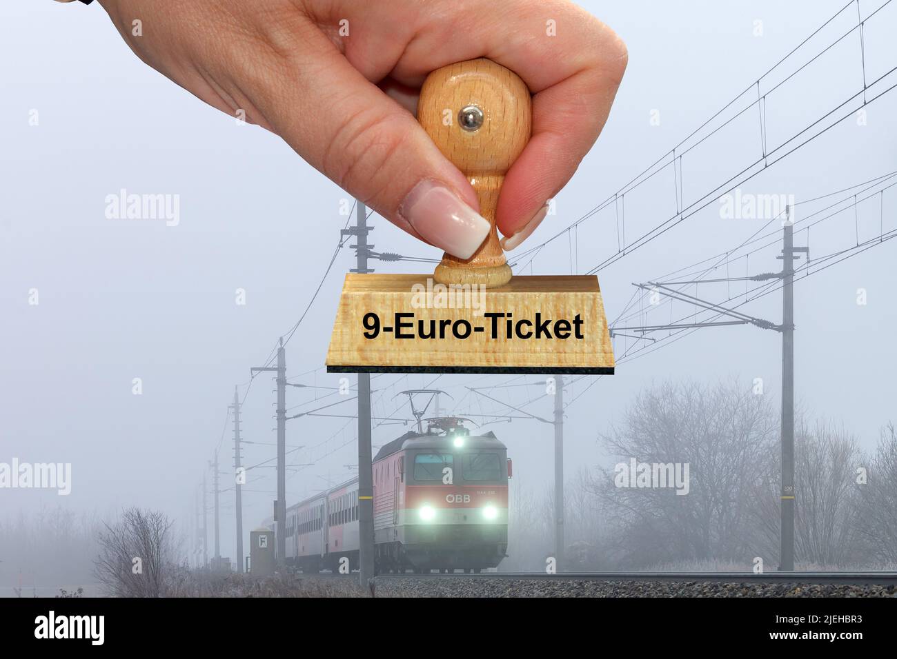 Eine Lokomotive mit einem Personenzug im Nebel, 9-Euro-Ticket, Stock Photo
